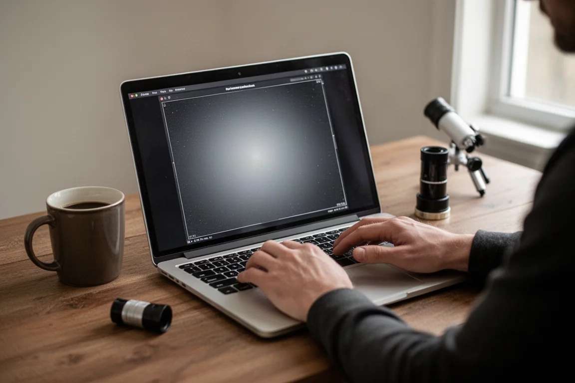 Astrofotógrafo revisando datos de calibración de flat frames en una laptop en un escritorio