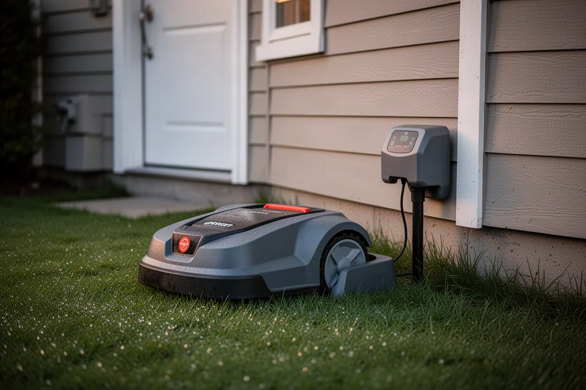 Robotmaaier in zijn tweedelige oplaadstation bij een achterdeur