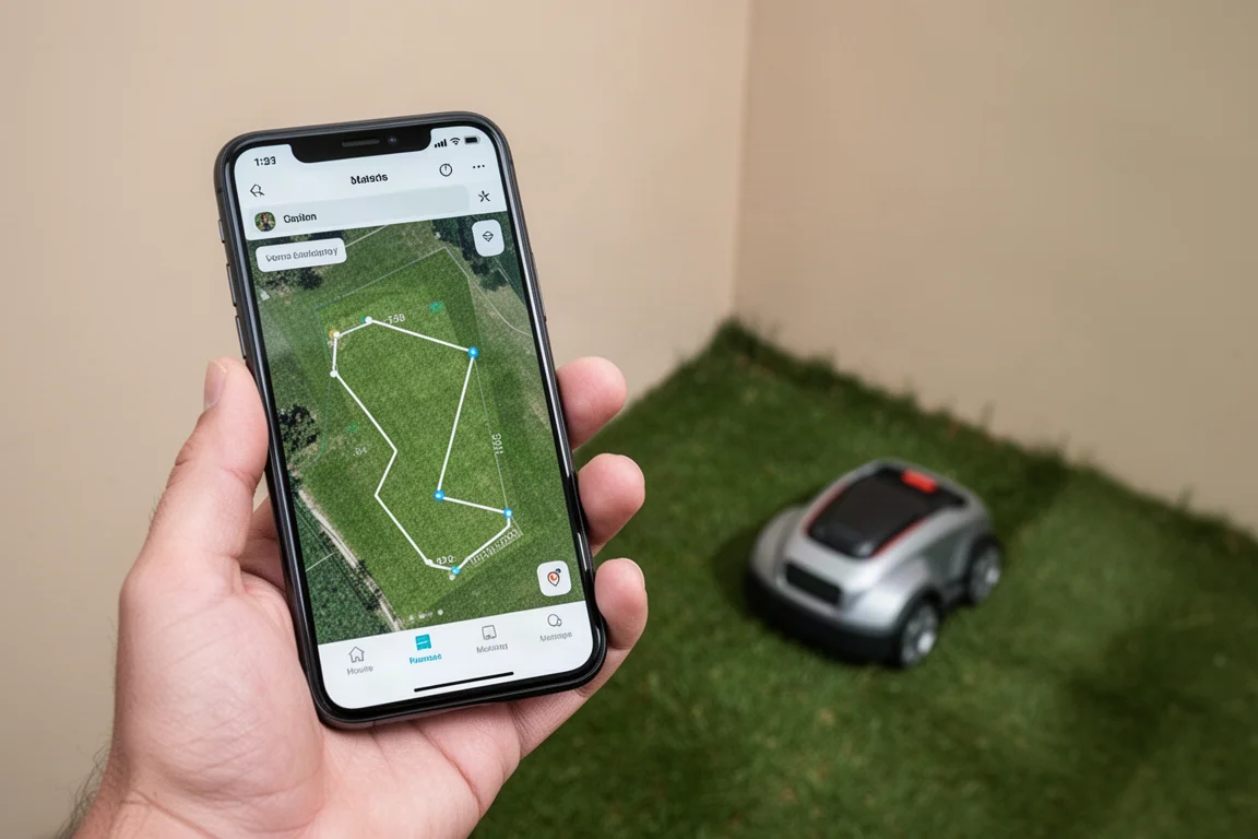 Smartphone-app waarop een gemapte graszone wordt getekend