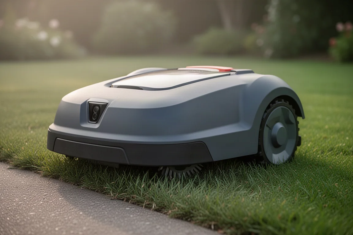 Sveer Blicks robotic lawn mower parked on a lawn in soft morning light