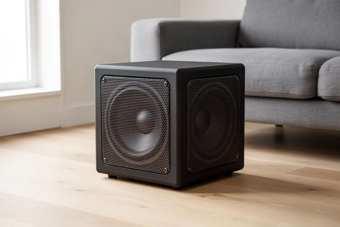 Compact sealed subwoofer with side mesh grilles beside a low sofa in soft daylight