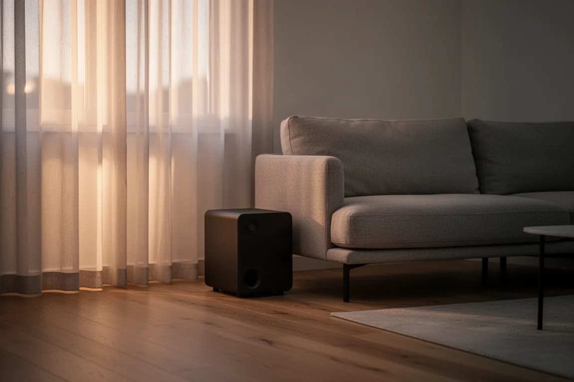 Compacte subwoofer naast een kleine luidspreker op statief in een minimalistische woonkamer met middaglicht