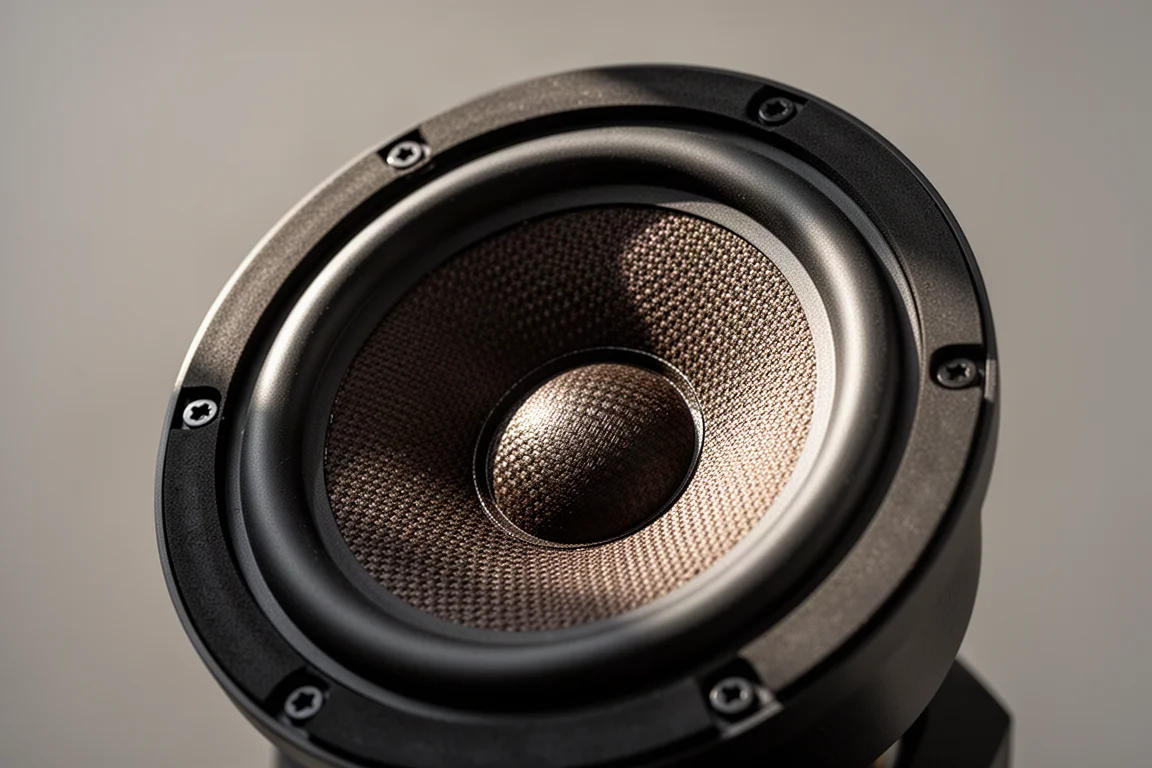 Close-up van het achterpaneel van een subwoofer met draaiknoppen, tuimelschakelaars en luidsprekerterminals