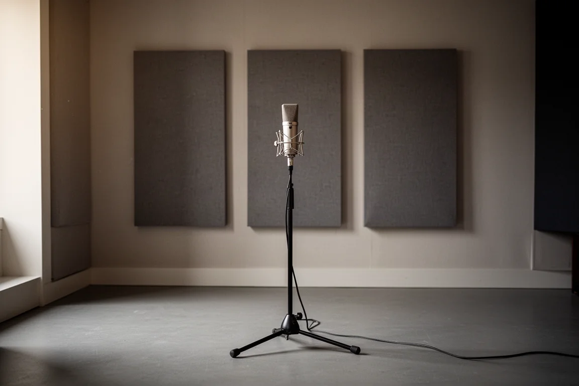 Schemerige minimalistische luisterruimte bij avond met kleine luidsprekers op statieven en een subwoofer op de vloer