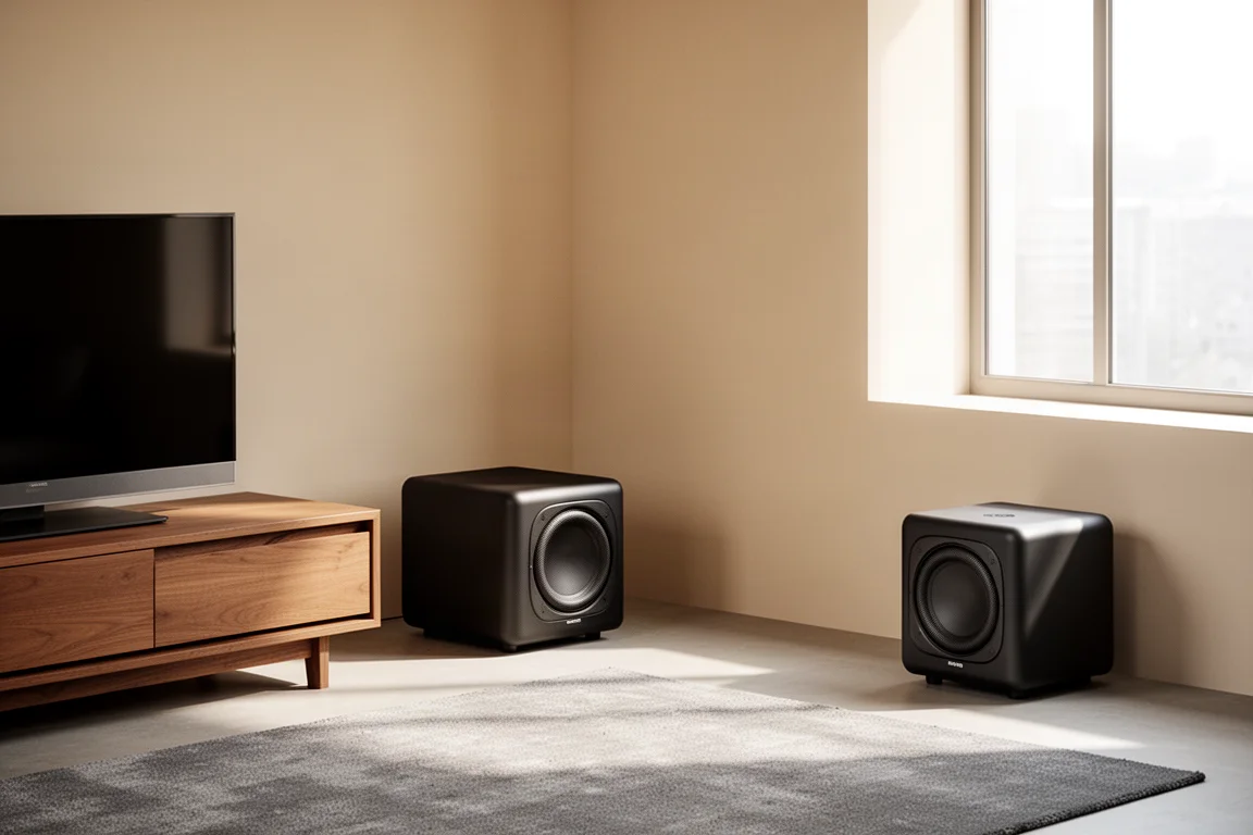 Bovenaanzicht van twee compacte subwoofers op een betonnen vloer met een opgerolde kabel