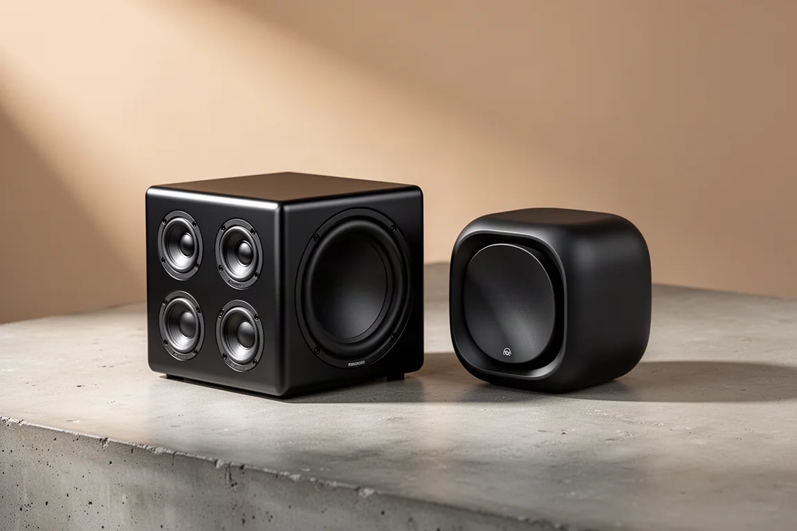Two compact subwoofers, one glossy white and one satin dark grey, side by side on a concrete floor
