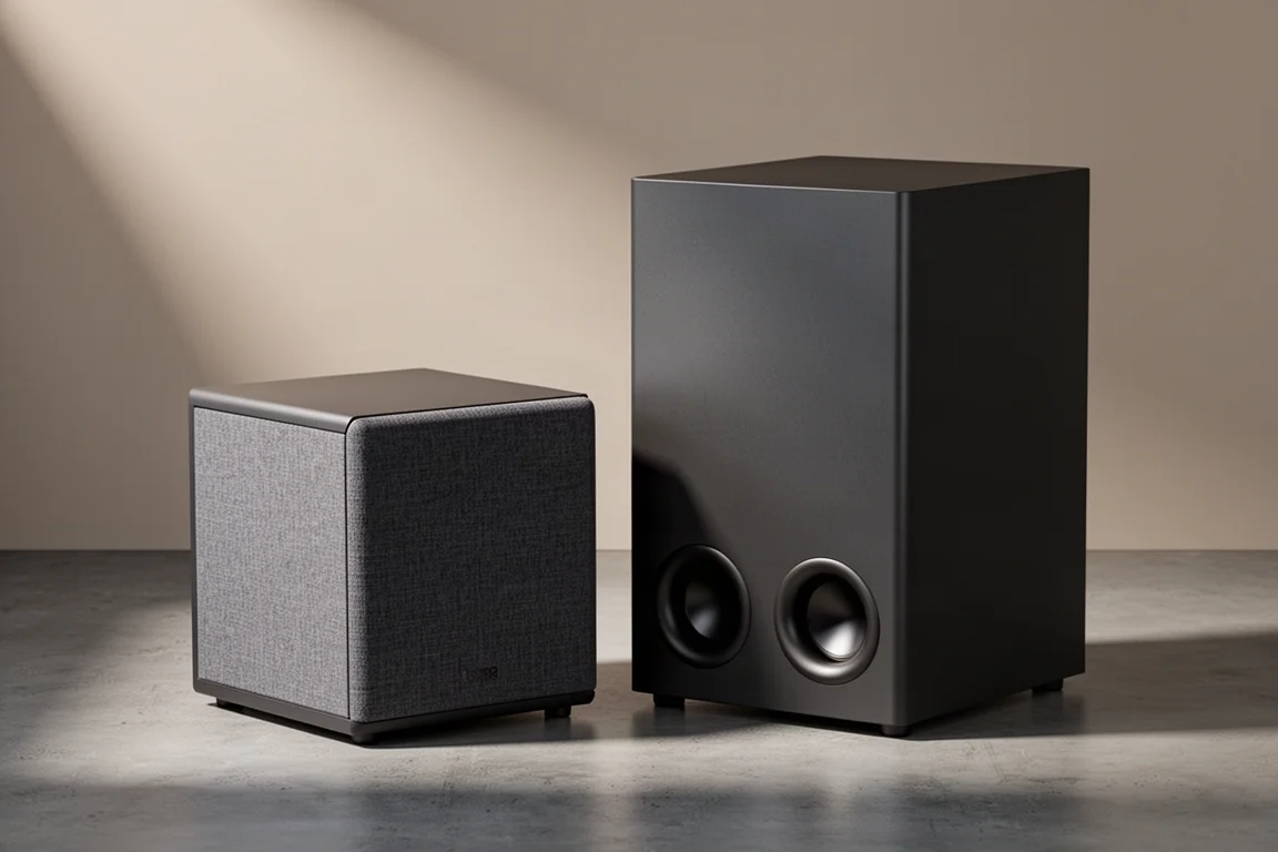 Two dark matte subwoofer cabinets, one compact cube and one taller ported design