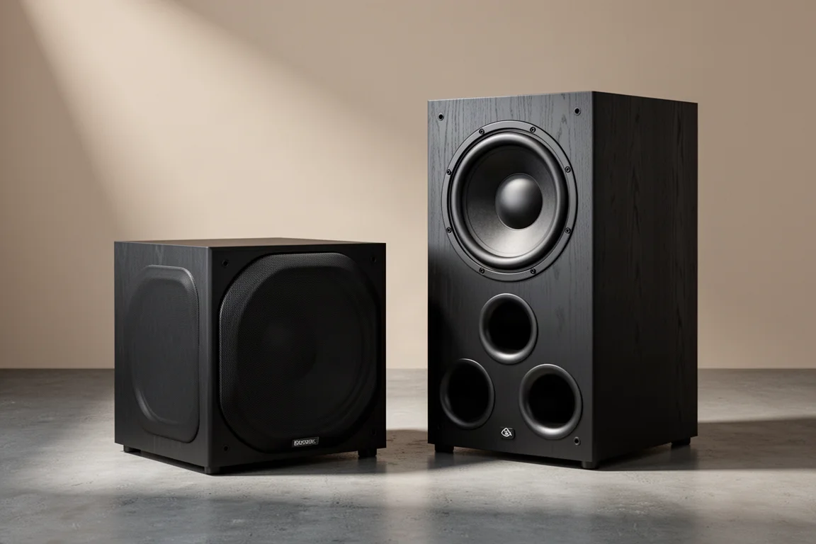 Two SVS 5000 Revolution subwoofer cabinets on a concrete floor in studio light