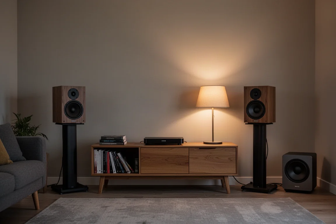 Abendliche Hörszene mit zwei Regallautsprechern und einem kompakten Subwoofer in einer Ecke