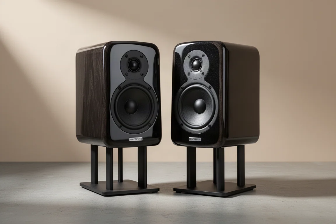 Pair of compact two-way bookshelf speakers with curved baffles on stands against a neutral backdrop