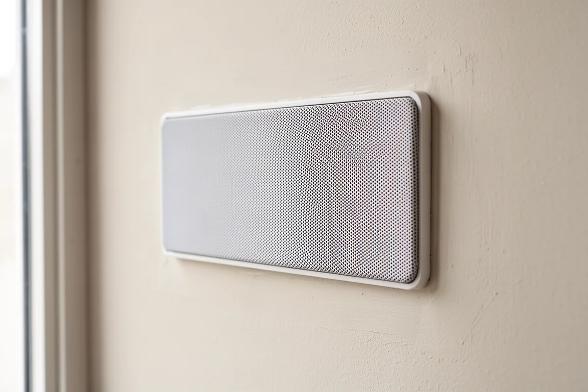 Primer plano de una rejilla de pared pintable a ras de un pladur pintado