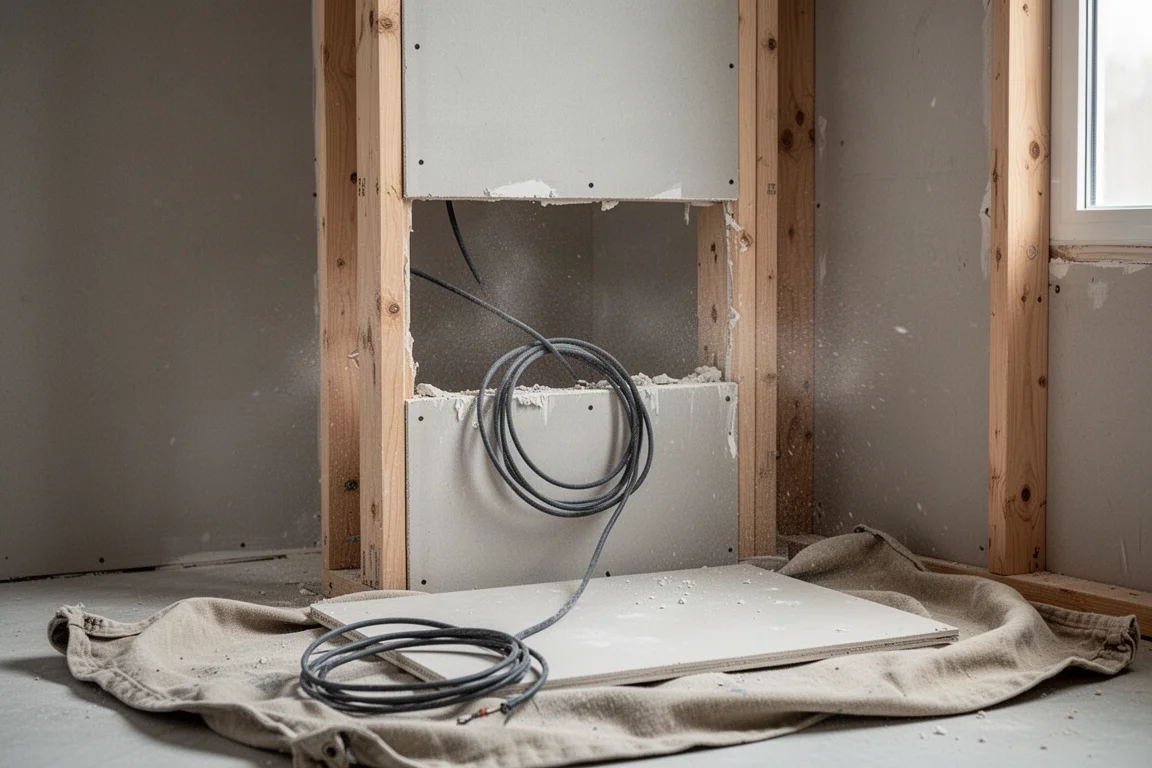 Recorte en pladur entre montantes de madera con cable de altavoz pasado por la abertura