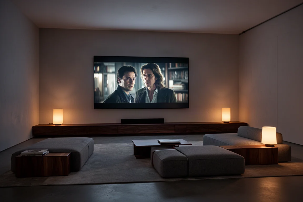 Salón terminado de noche con una película en pantalla e iluminación ambiental cálida