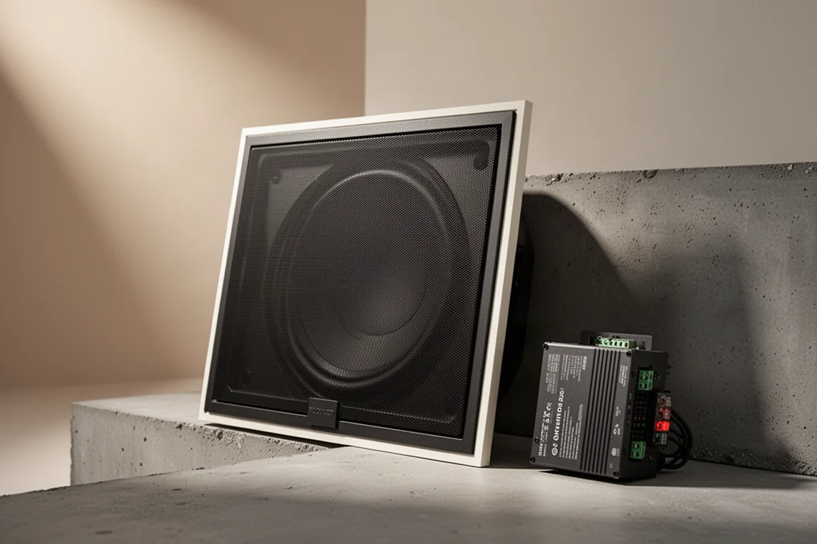 In-wall subwoofer module with dark grille beside a compact external amplifier on concrete