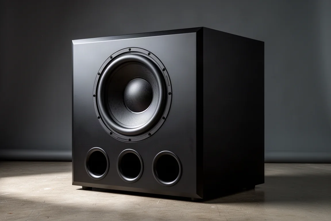 Large matte black ported subwoofer cabinet with a front-firing driver and three front ports
