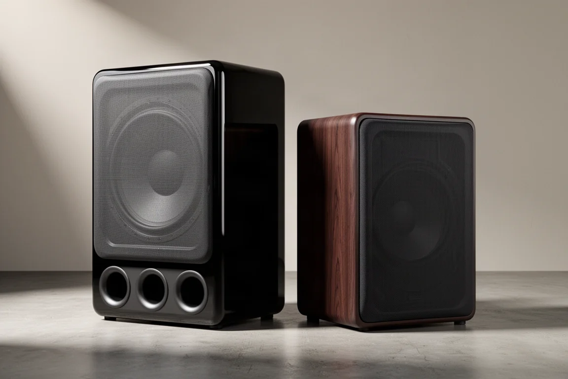 Two large home theater subwoofers side by side on a concrete floor