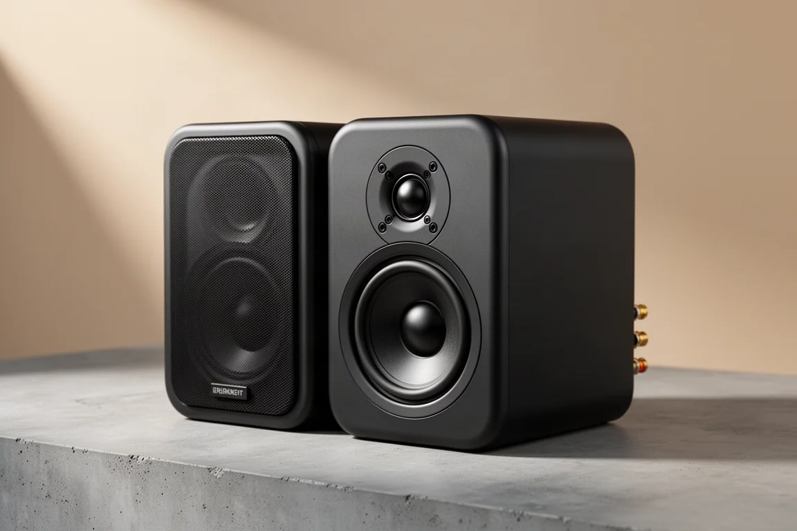 Compact two-way bookshelf speaker in a matte black cabinet on a concrete surface