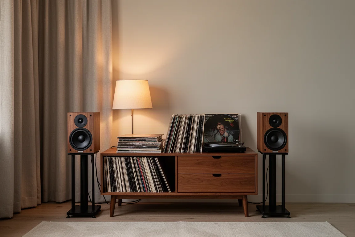Zwei Bookshelf-Lautsprecher auf Ständern in einer sanft beleuchteten Wohnzimmerecke mit Vinylschallplatten