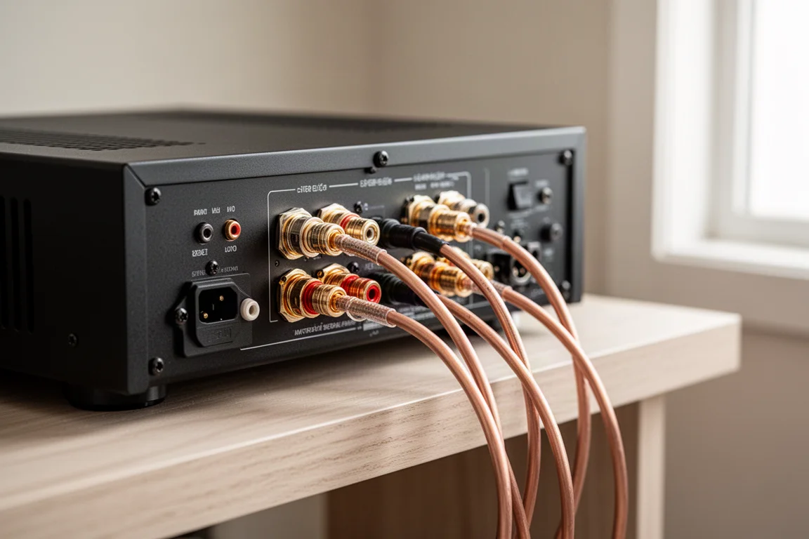 Rückseite eines Stereo-Verstärkers mit angeschlossenen Kupfer-Lautsprecherkabeln