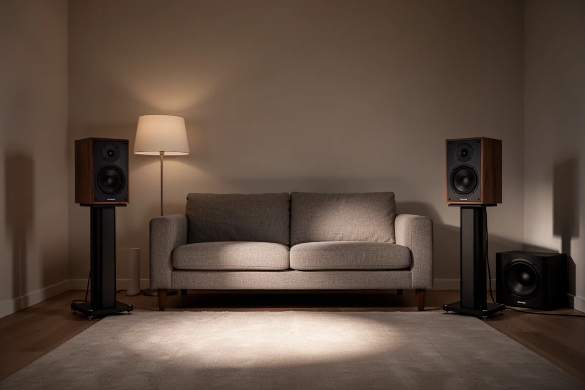Hörraum am Abend mit Bookshelf-Lautsprechern auf Ständern und einem Eck-Subwoofer