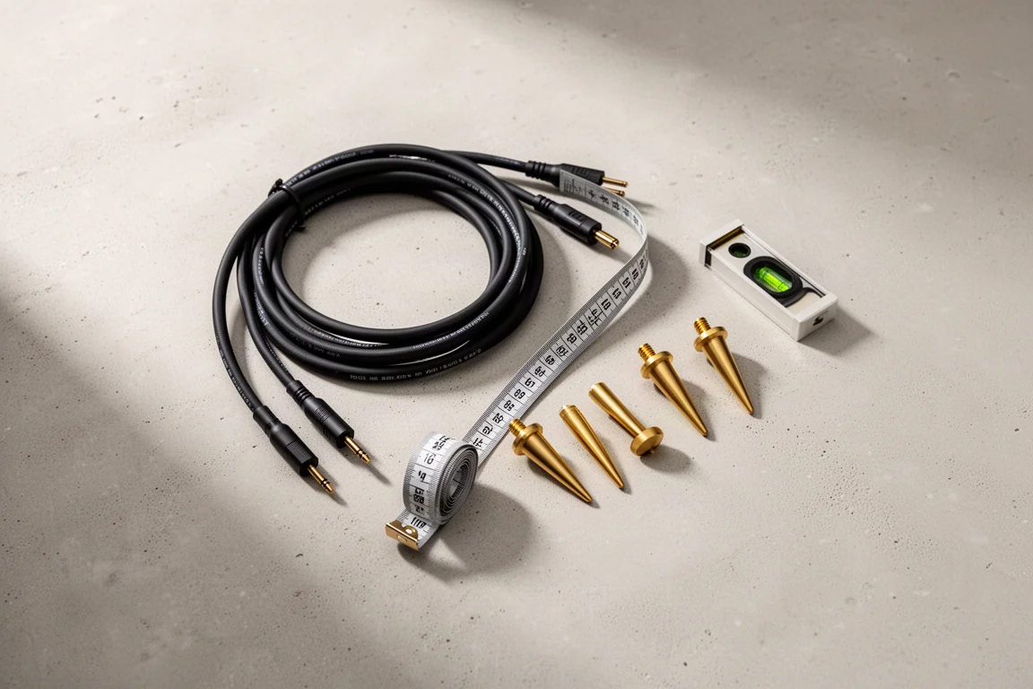 Flat-Lay von Lautsprecherkabeln, Maßband und Messingspikes auf Beton