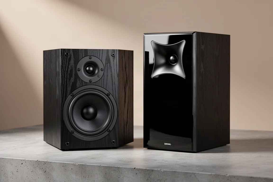 Two SVS bookshelf speakers side by side on a concrete surface in soft studio light