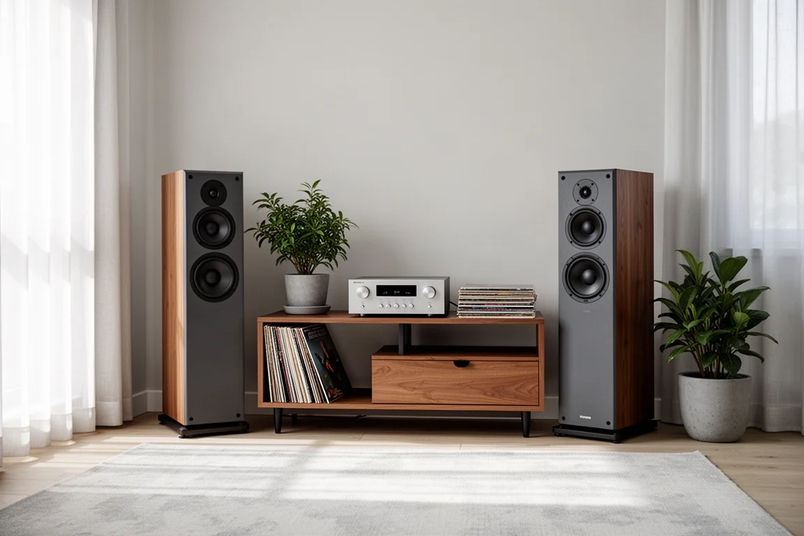 Equipo estéreo compacto con altavoces de suelo flanqueando un mueble bajo