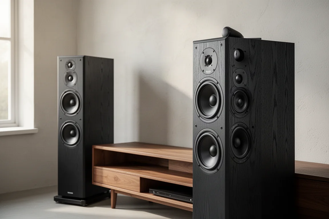 Pair of matte black floorstanding tower speakers in a calm listening room