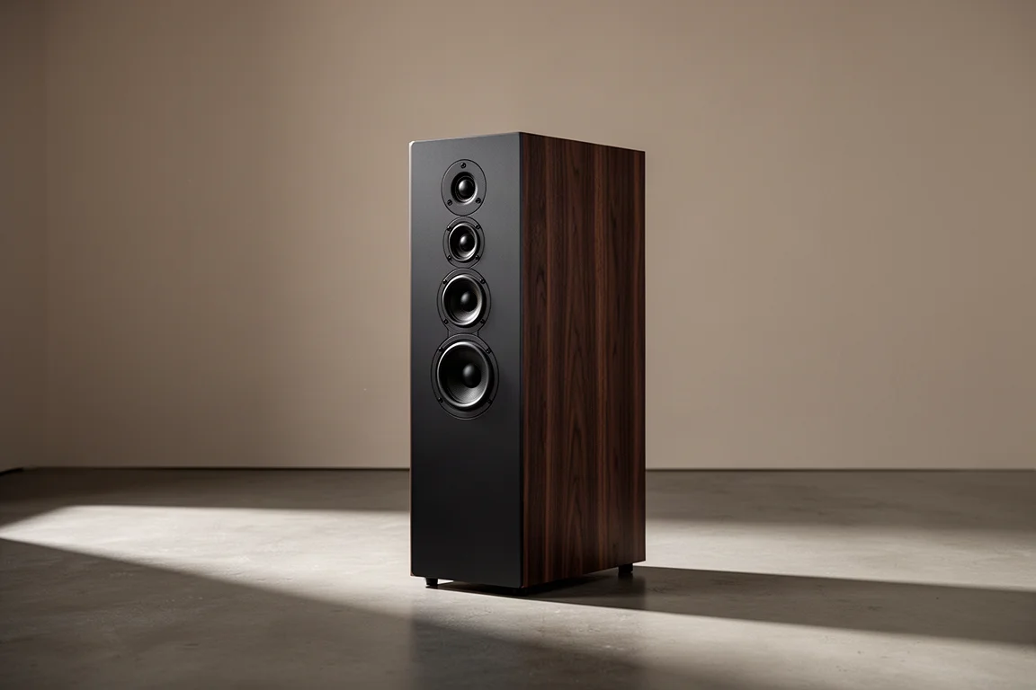 Compact black floorstanding tower speaker in a minimalist listening room