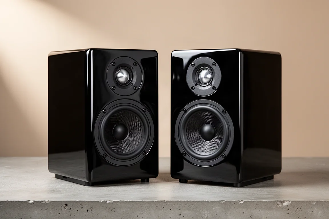 Pair of gloss black powered bookshelf speakers with a front display and preset buttons