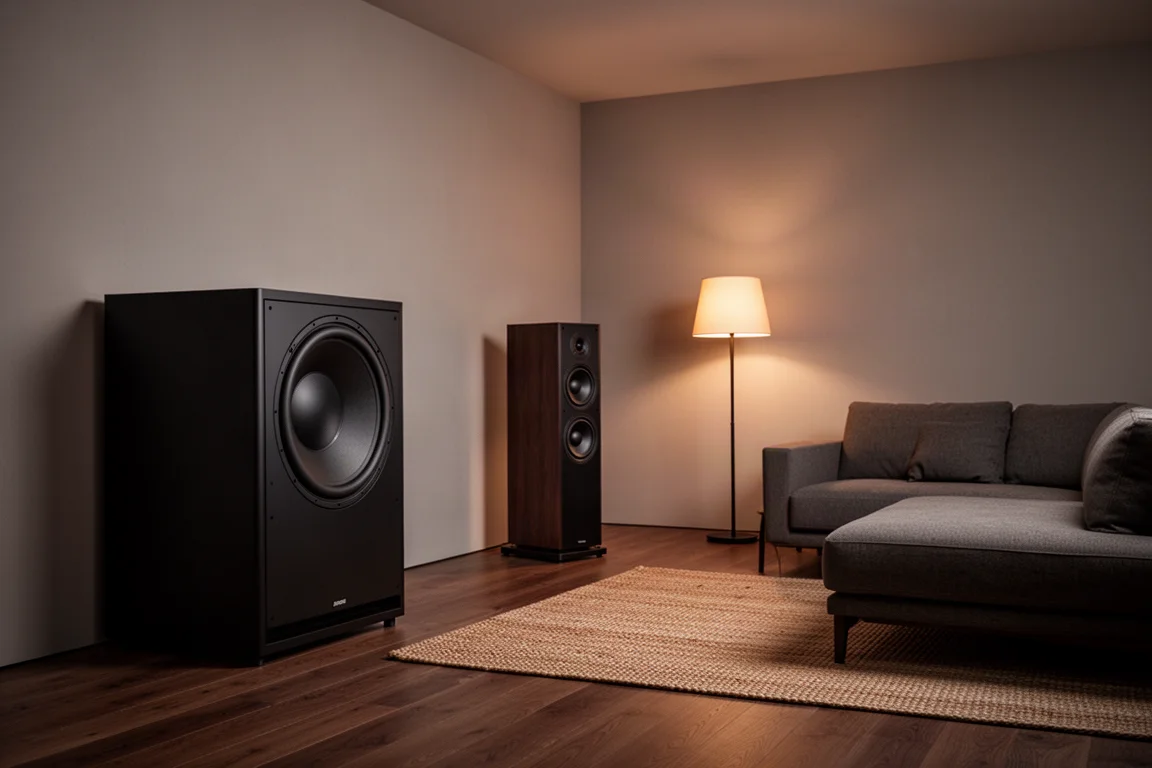 Großer Subwoofer und Standlautsprecher in einem warm beleuchteten Hörraum in der Dämmerung