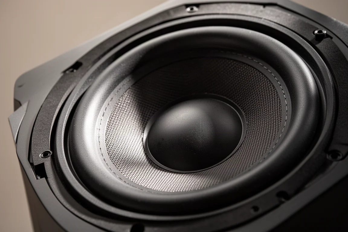 Nahaufnahme eines großen Subwoofer-Treibers mit Gummisicke und gewebter Membran