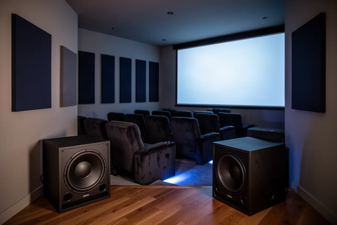 Dunkler Heimkinoraum mit dunklen Sitzen, leuchtendem Bildschirm und Subwoofer in der Ecke