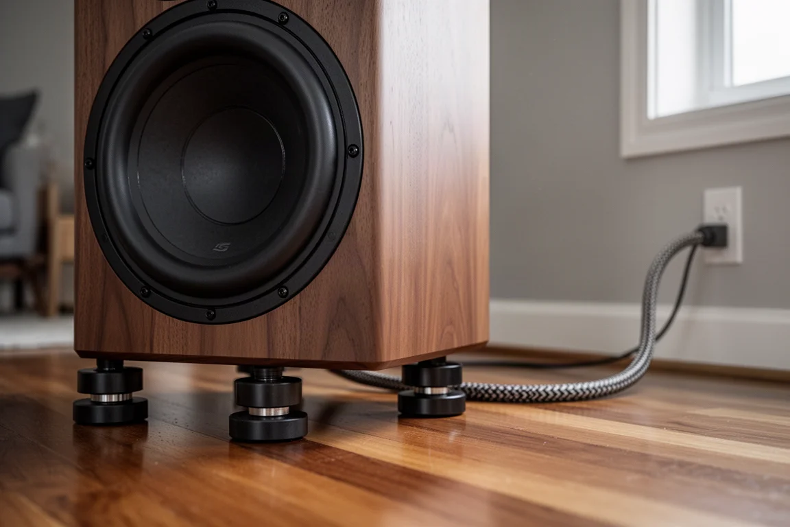 Subwoofer auf Isolierfüßen mit über einen Hartholzboden verlegtem Kabel