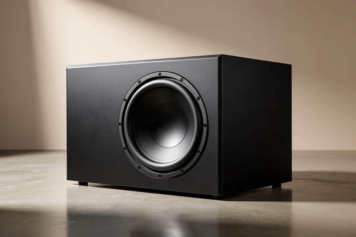Large matte black home subwoofer with a front-firing driver on a concrete floor