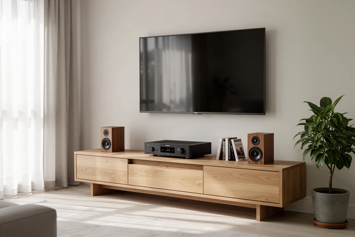 Compacte stereoversterker en boekenplankspeakers op een meubel in een lichte woonkamer