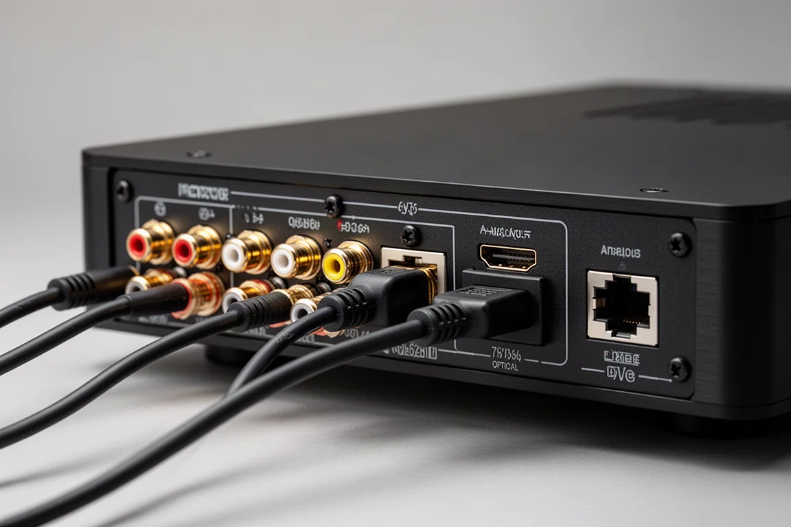 Achterpaneel van een versterker met luidsprekerklemmen, HDMI- en optische aansluitingen