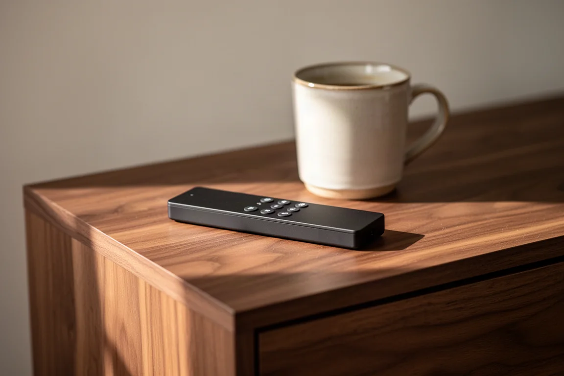 Eenvoudige zwarte audioremote op een houten meubel naast een koffiemok