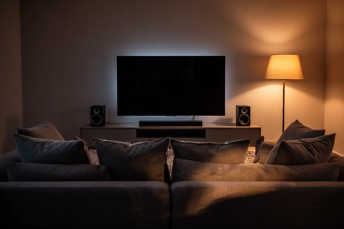Woonkamer in de avond met televisie en stereospeakers in warm lamplicht