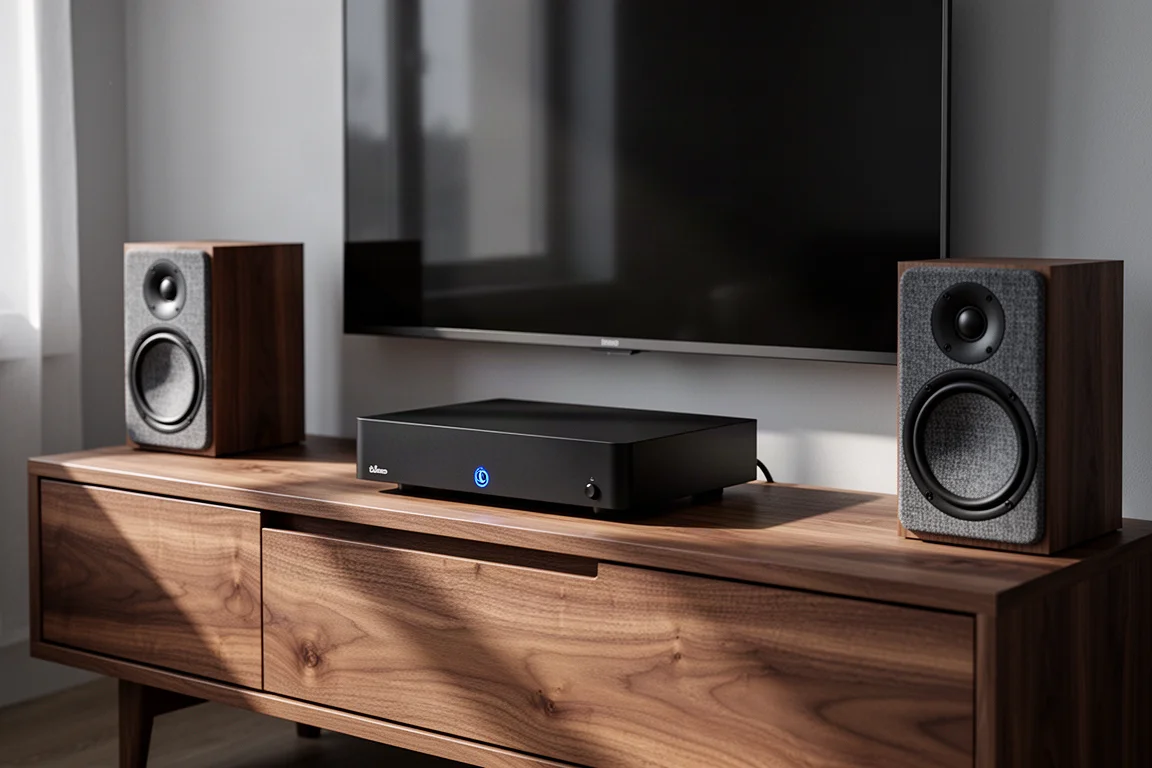 Slim black streaming amplifier and bookshelf speakers on a walnut console below a television