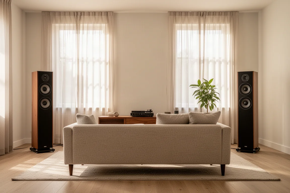 Hoge luidsprekers aan weerszijden van een console in een lichte woonkamer met een bank