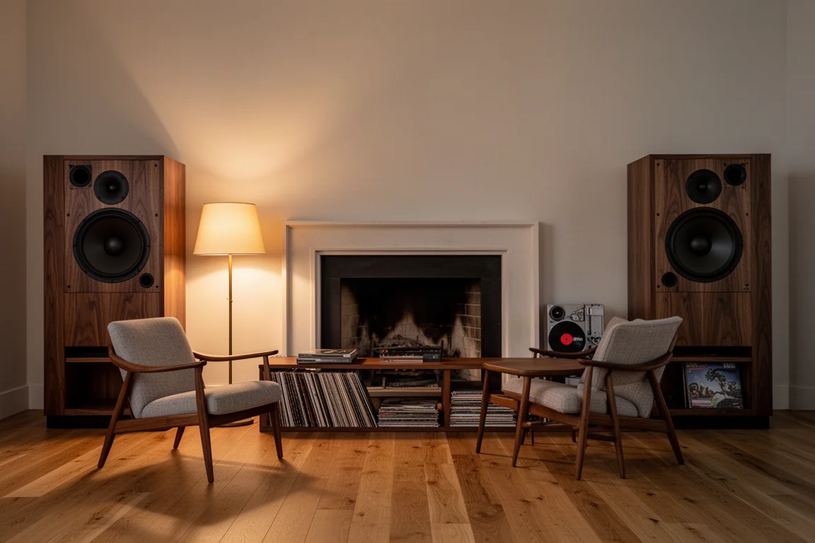 Grote luidsprekers met houten behuizing naast een open haard in een warm verlichte kamer