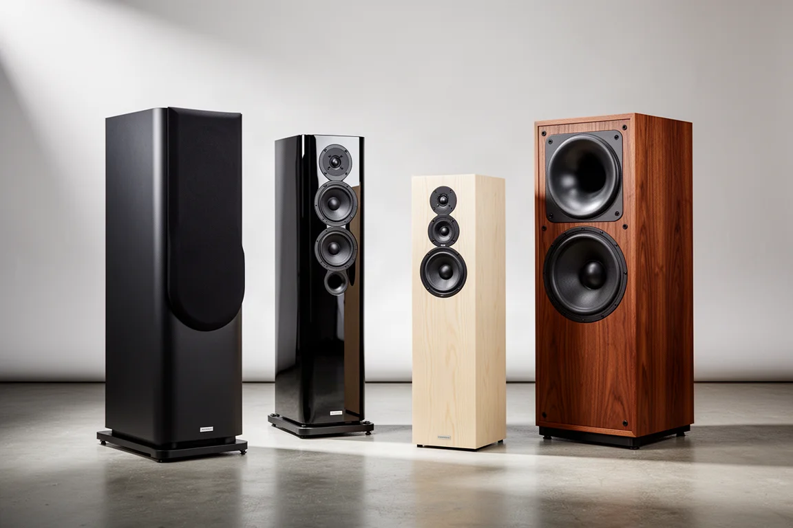 Four floorstanding loudspeakers arranged in a row on a concrete floor