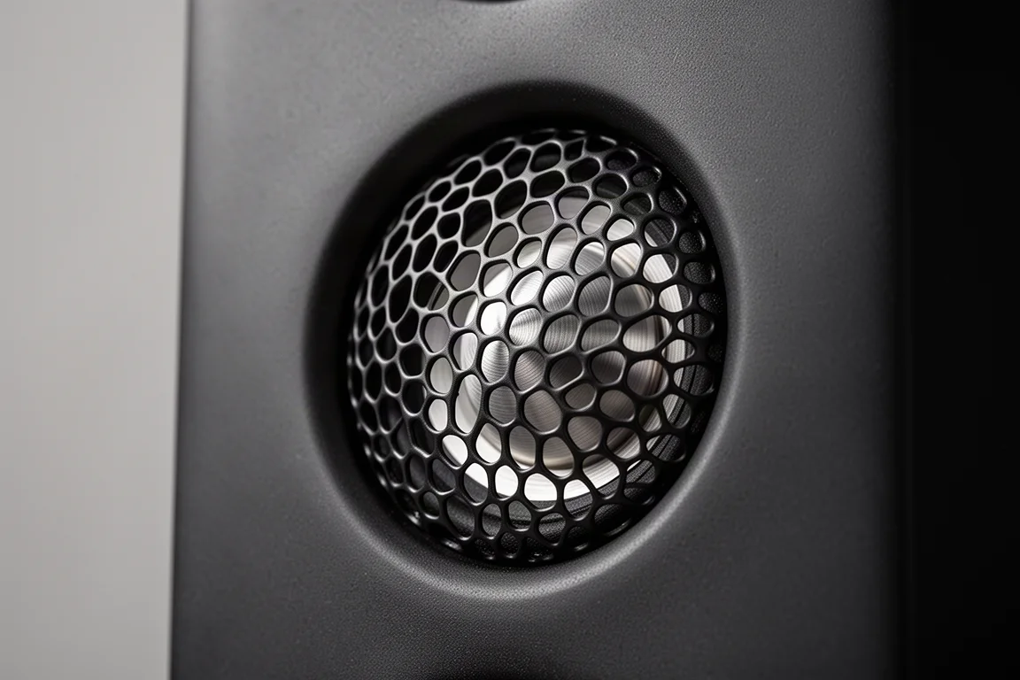 Close up of a metal dome tweeter recessed behind a lattice diffuser