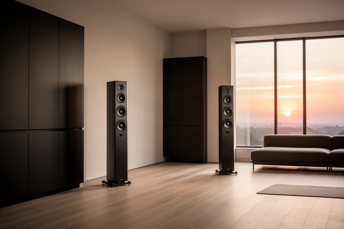Pair of tall tower speakers in a living room with soft evening light