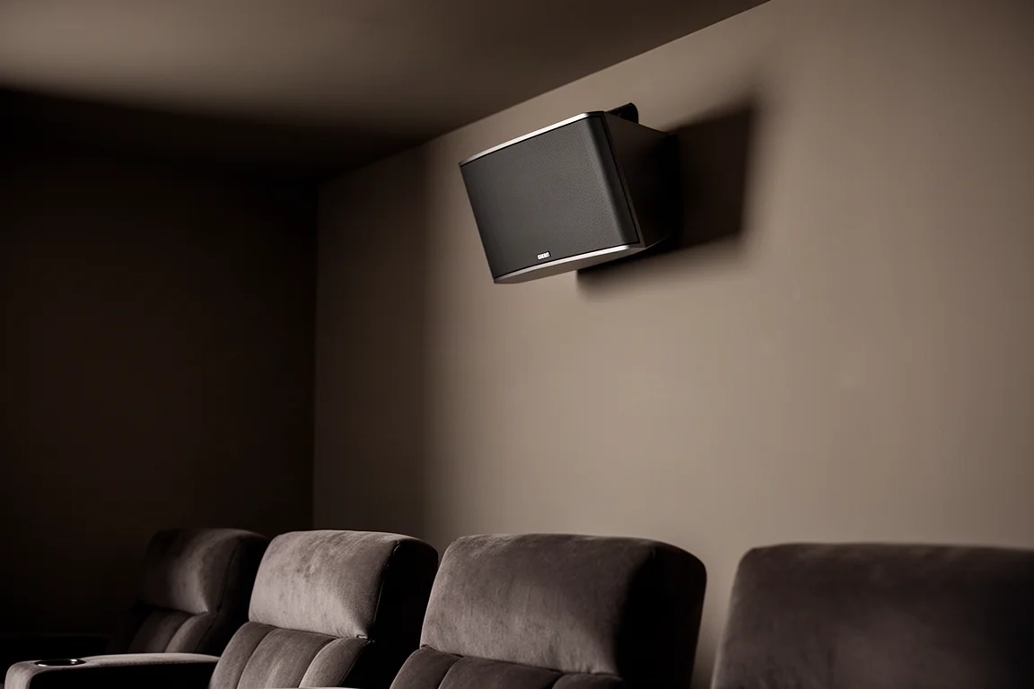 Wall mounted wedge speaker angled toward a seating area near a ceiling