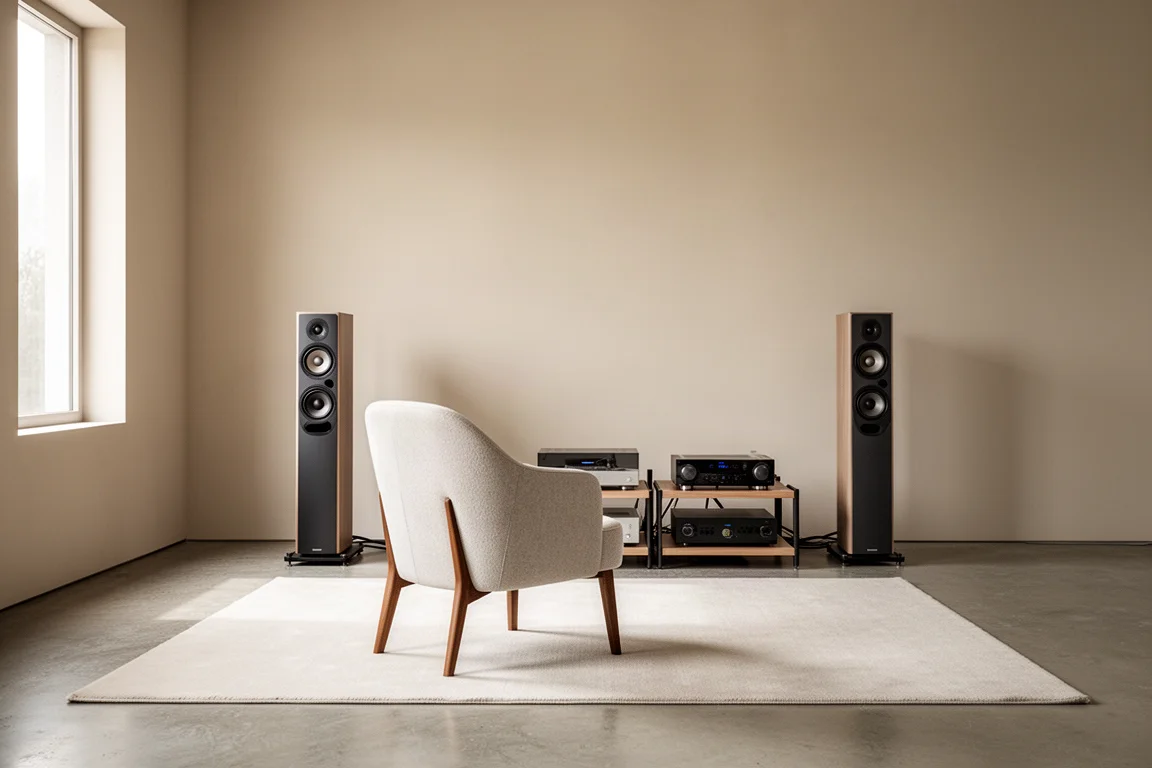 Empty listening chair facing a pair of slim floorstanding speakers