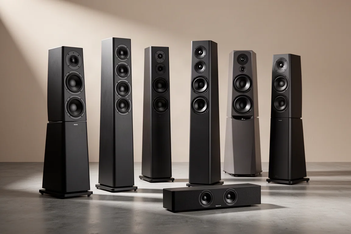 Group of matte black floorstanding speakers and a center channel on a concrete floor