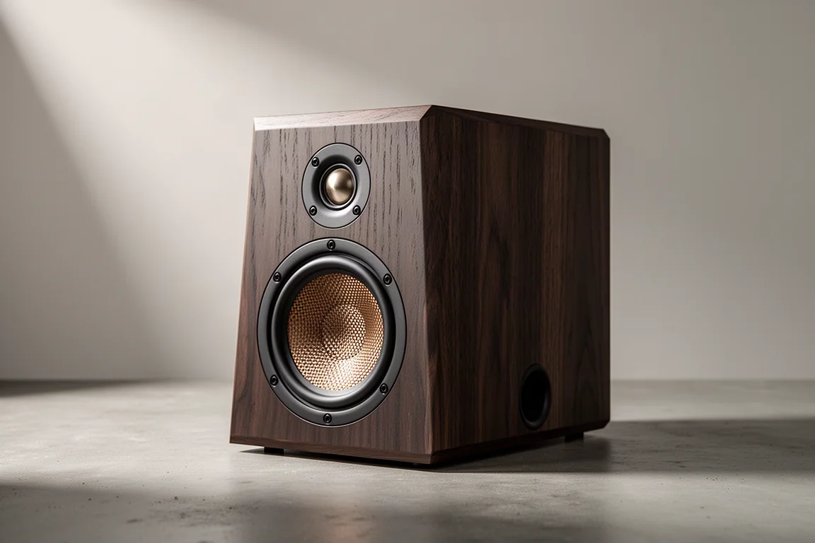 Compact two-way bookshelf speaker with angled baffle and dark oak cabinet on concrete