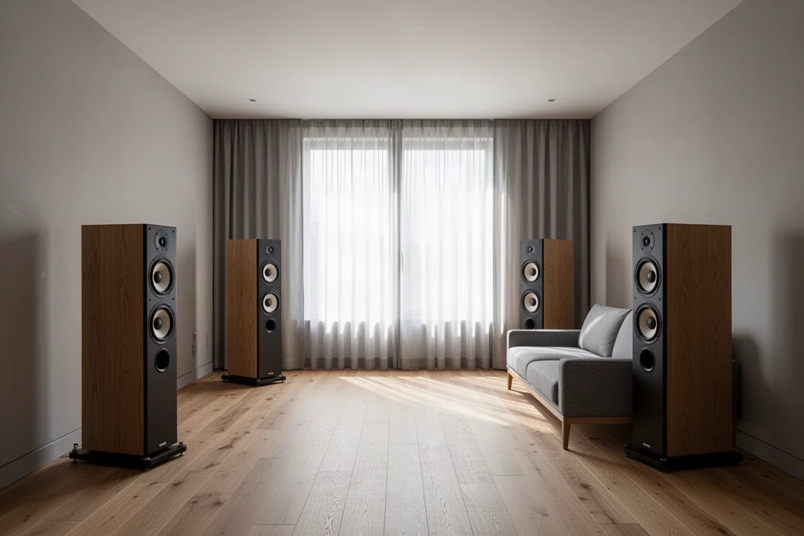 Rückseite eines Tower-Lautsprechers mit zwei rückseitigen Woofern und einem trichterförmigen Bassreflexrohr